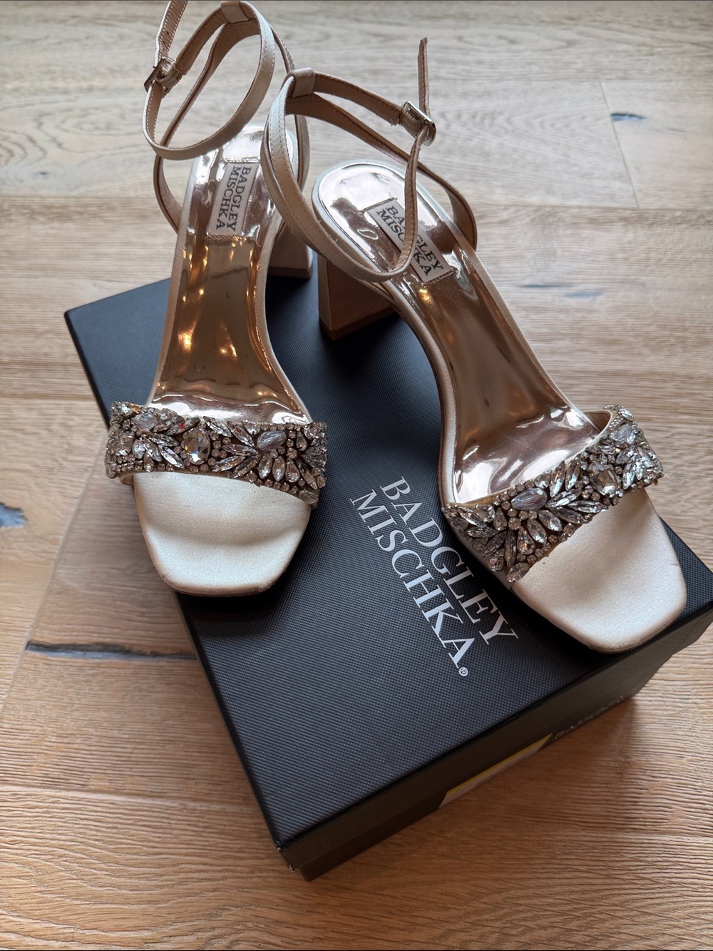 Badgley Mischka Ivory Crystal-Embellished Ankle-Strap Block Heels